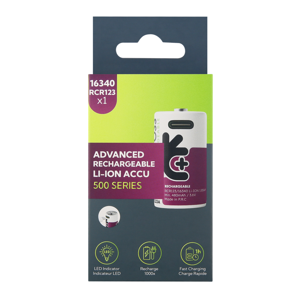 Uniross USB-C 3.7V Li-ion akkumulátor, RCR123, 34.5 mm, 500 mAh, 1 db/bliszter termék fő termékképe